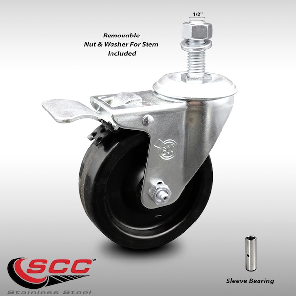 4 Inch SS Phenolic 1/2 Inch Threaded Stem Caster with Total Lock Brake SCC